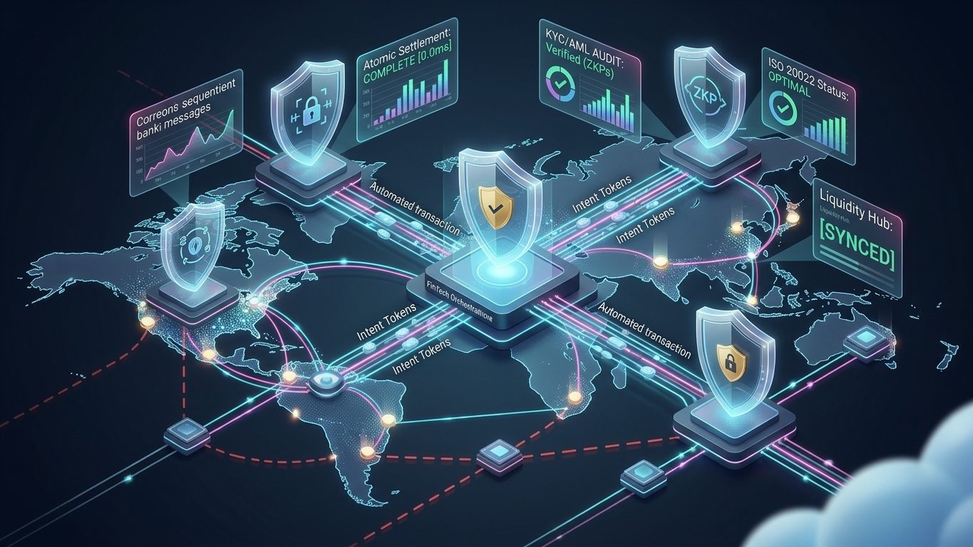 Isometric 3D rendering of interconnected global financial hubs on an illuminated map, showing real-time transaction flows, DLT-based consensus nodes, and cryptographic identity shield icons.