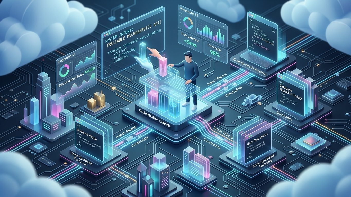 Isometric 3D rendering of an engineer orchestrating an intent-driven software canvas where high-level system diagrams compile into live backend code.