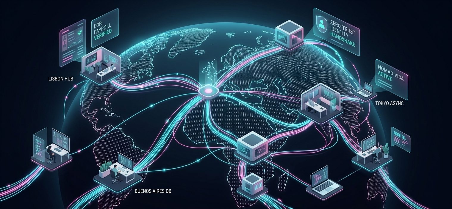 Isometric 3D visualization of a global digital nomad network showing mobile professionals collaborating across timezone boundaries connected to cloud infrastructure.