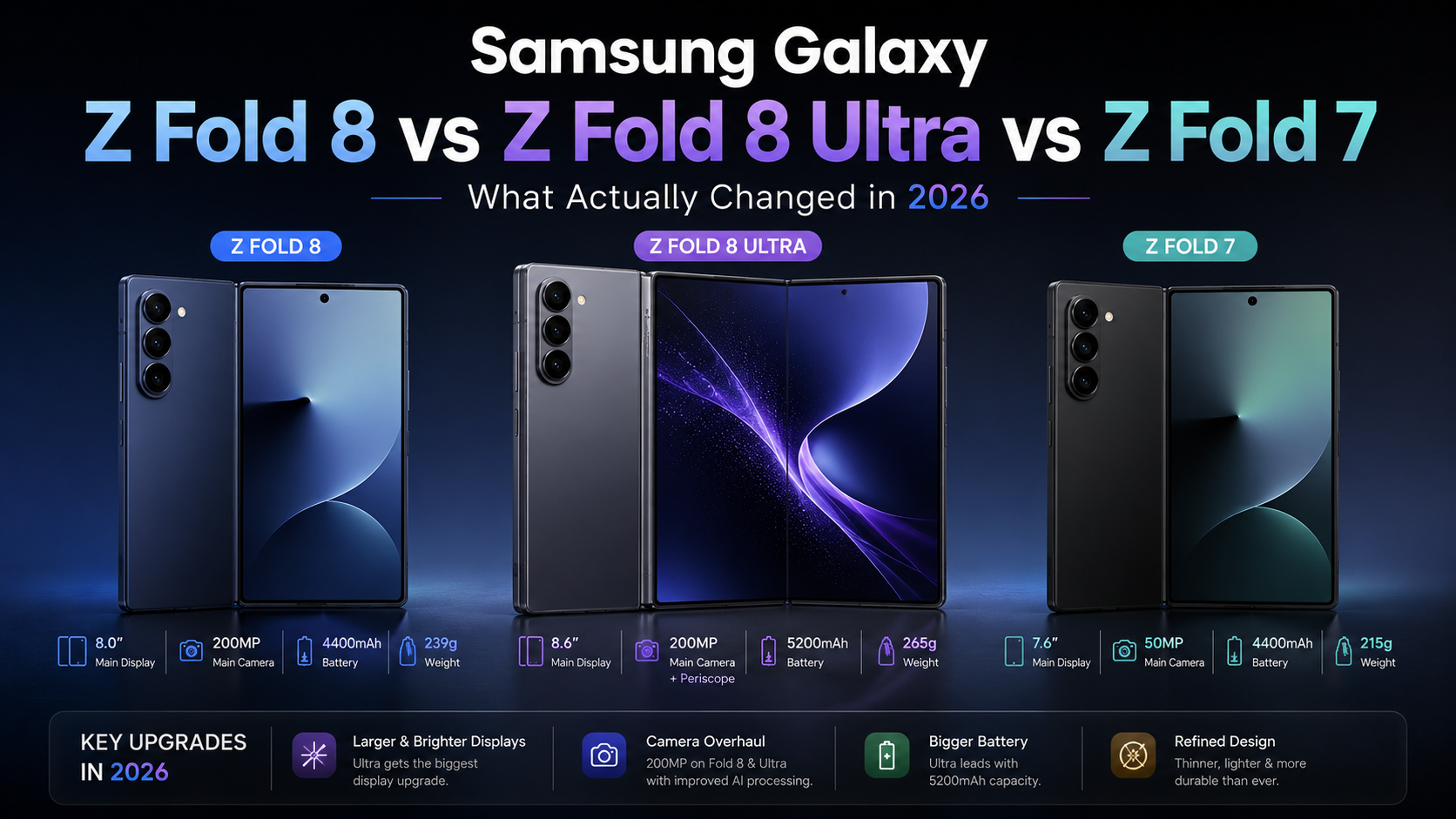 Samsung Galaxy Z Fold 8 vs Z Fold 8 Ultra vs Z Fold 7: What Actually Changed in 2026