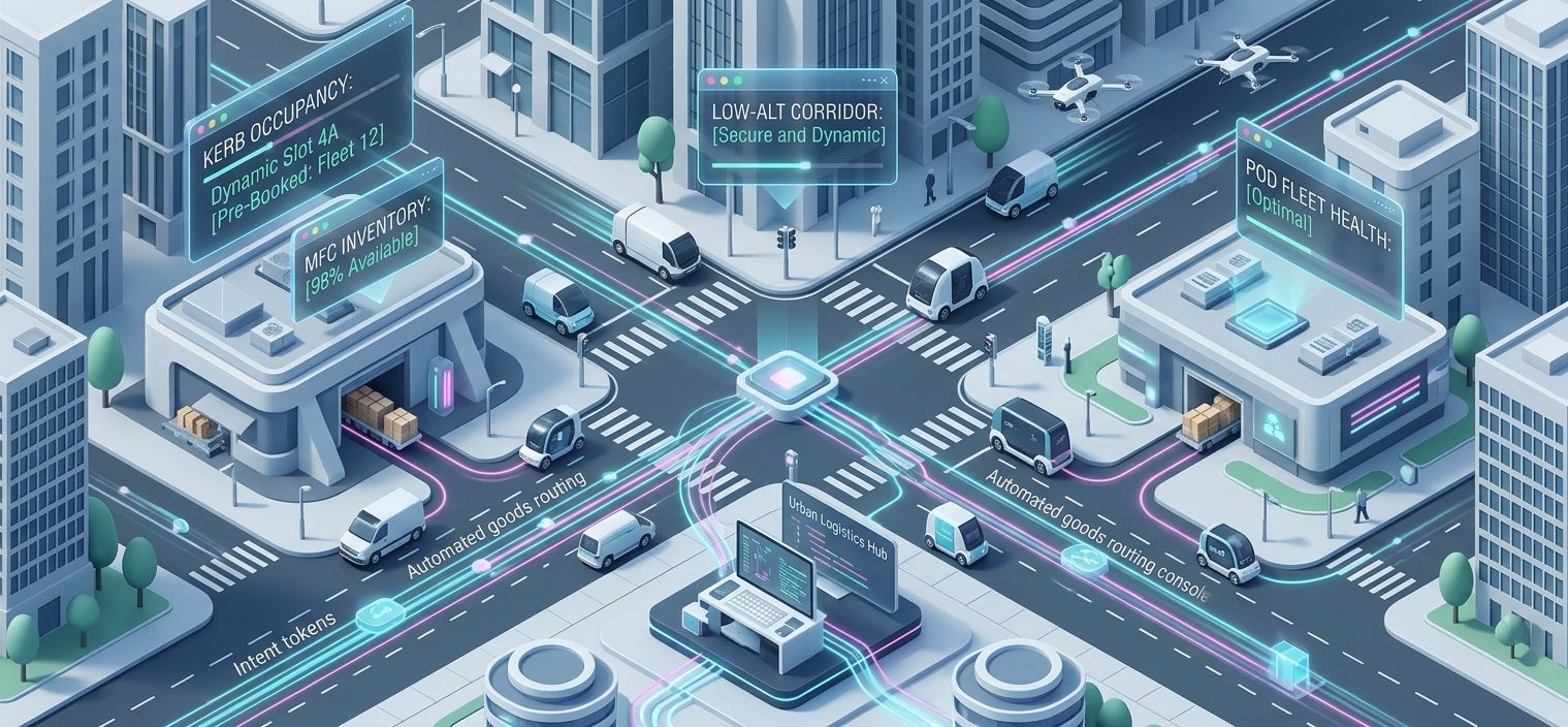 Isometric 3D rendering of a futuristic smart city intersection showing seamless integration of autonomous goods vehicles, drone deliveries, and centralized IoT traffic control dashboards.