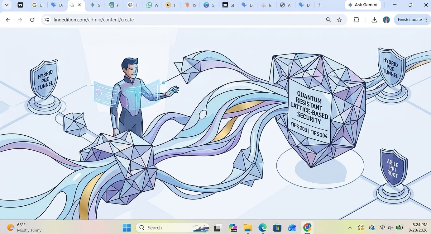 A high-tech abstract 3D representation of cryptographic lattice structures and encrypted data tunnels securing an enterprise network.