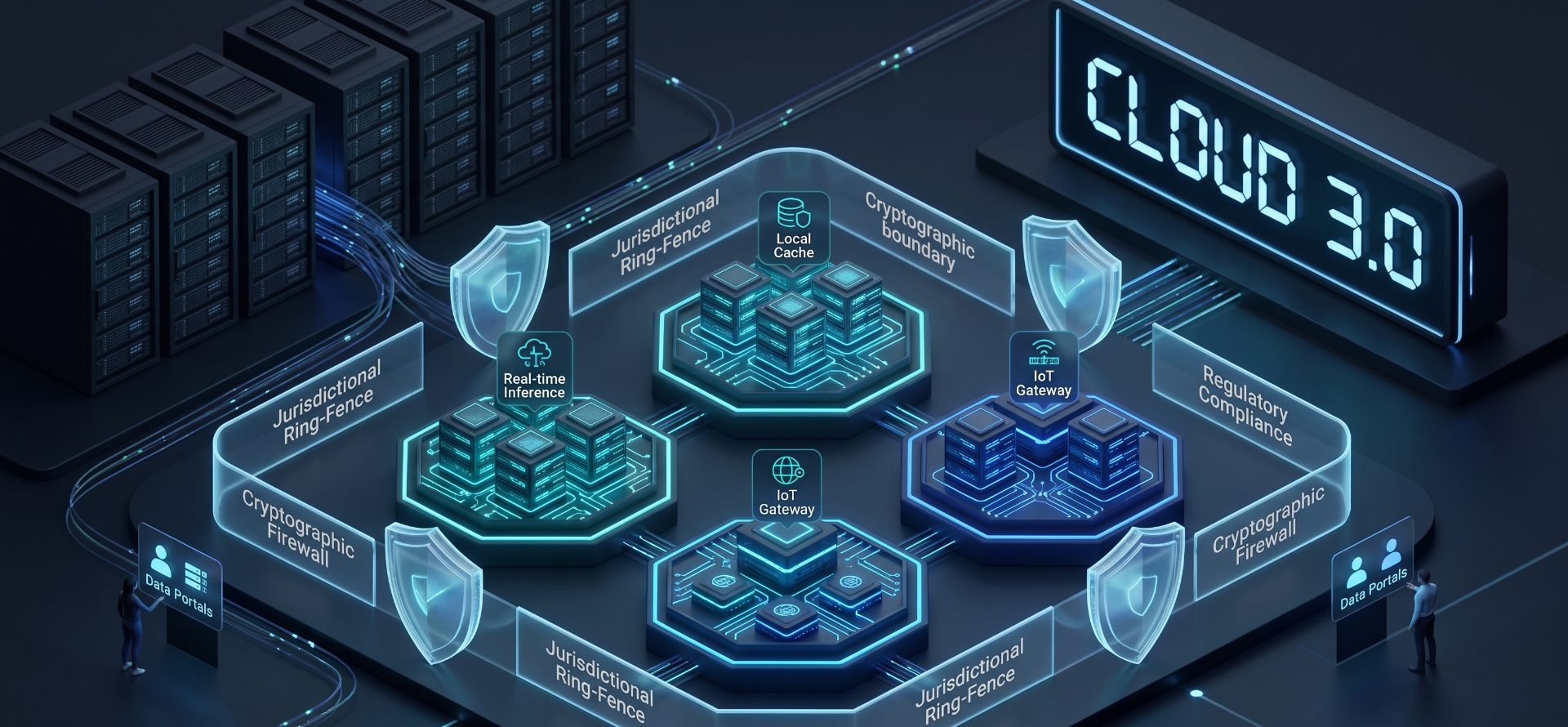 Isometric 3D rendering of interconnected edge data centers protected by regional cryptographic firewall boundaries.