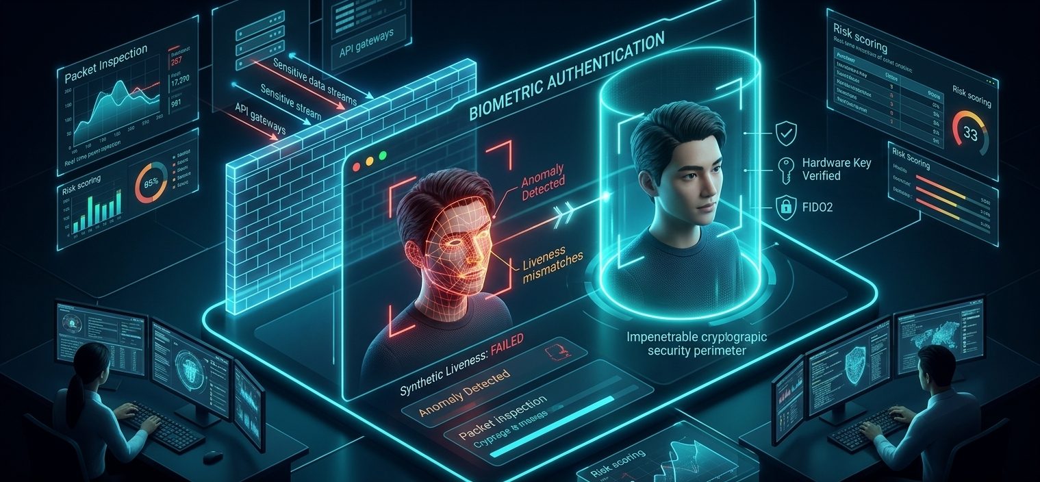 Isometric 3D rendering of a biometric authentication screen scanning a synthetic digital avatar flagged with deepfake anomaly markers.